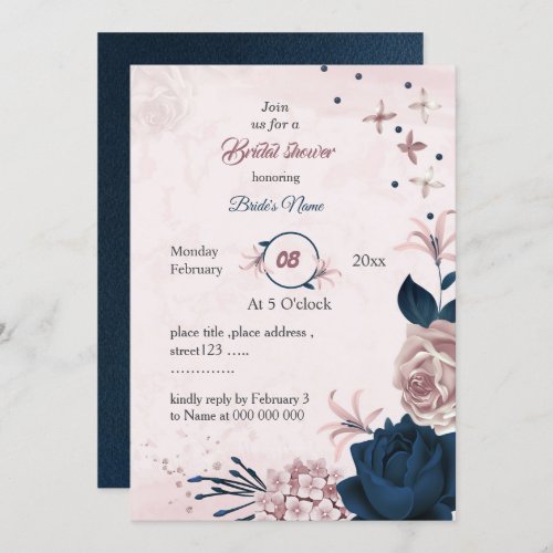 elegant navy  pink flowers bridal shower invitation