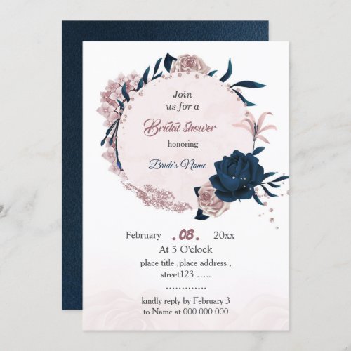 elegant navy  pink flowers bridal shower invitation