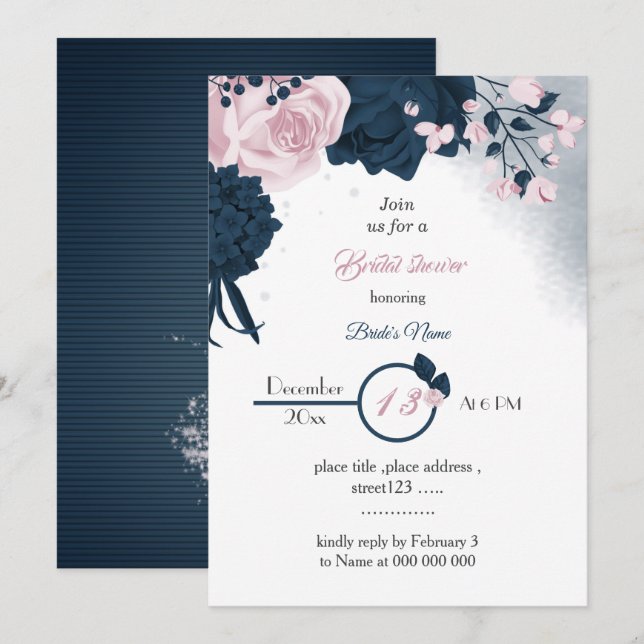 elegant navy & pink flowers bridal shower  invitation (Front/Back)