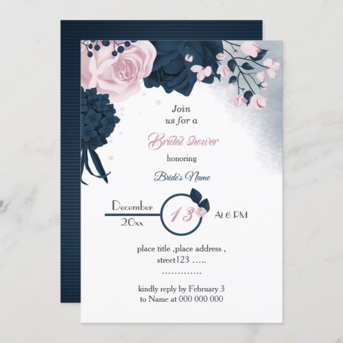 elegant navy  pink flowers bridal shower  invitation
