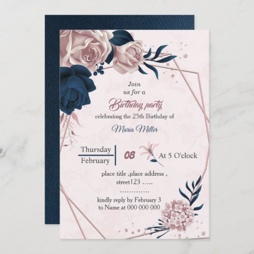 elegant navy  pink flowers geometric birthday invitation