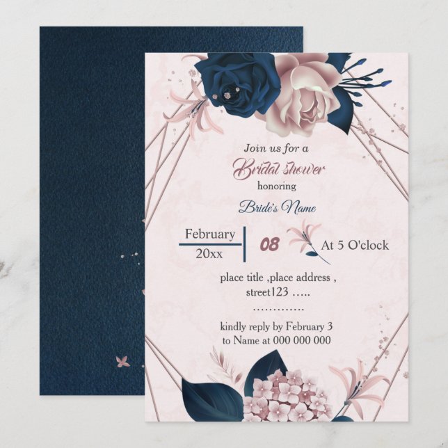 elegant navy &pink flowers geometric bridal shower invitation (Front/Back)