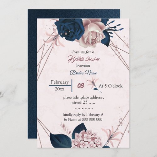 elegant navy pink flowers geometric bridal shower invitation