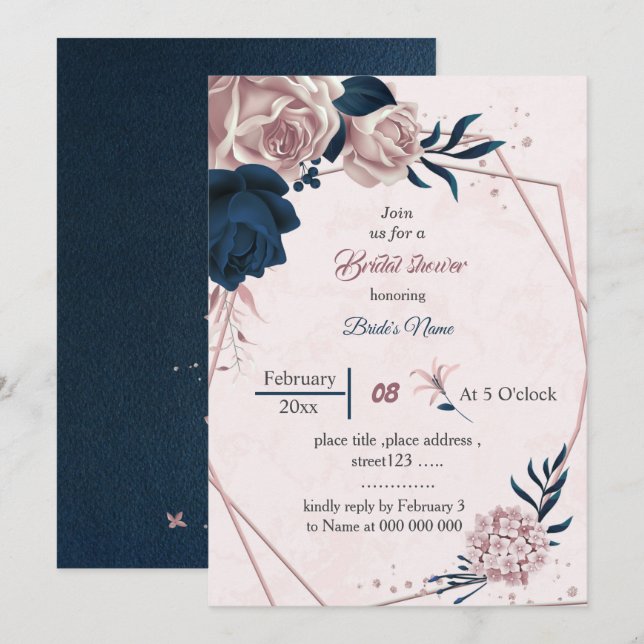 elegant navy & pink flowers geometricbridal shower invitation (Front/Back)