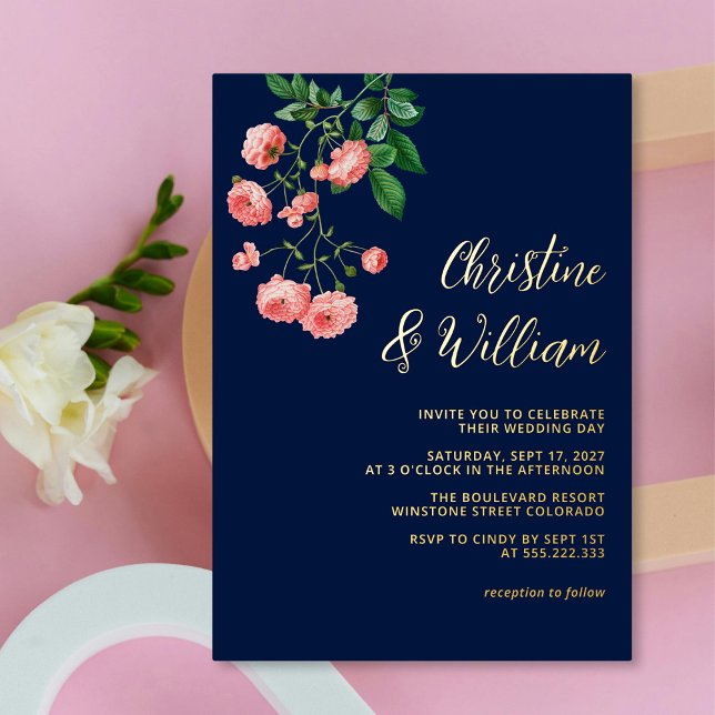 Elegant Navy & Pink Roses Personalized Wedding Foil Invitation (Elegant Navy & Pink Roses Personalized Wedding Foil Invitation)