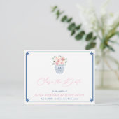 Elegant Navy Pink Roses Wedding Save The Date Postcard (Standing Front)