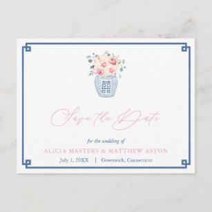Elegant Navy Pink Roses Wedding Save The Date Postcard