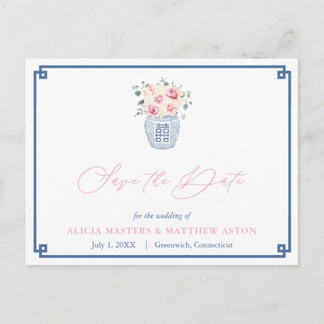 Elegant Navy Pink Roses Wedding Save The Date Postcard (Front)
