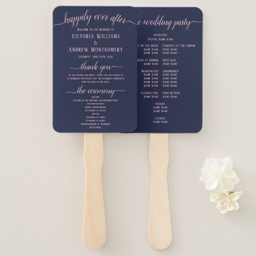 Elegant Navy Pink Script Minimal Wedding Program Hand Fan