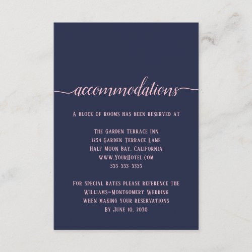 Elegant Navy Pink Script Wedding Accommodations Enclosure Card