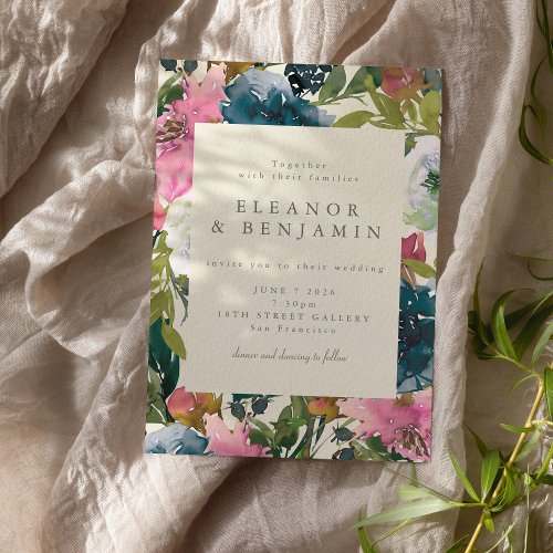 Elegant Navy Pink Watercolor Botanical Wedding Invitation