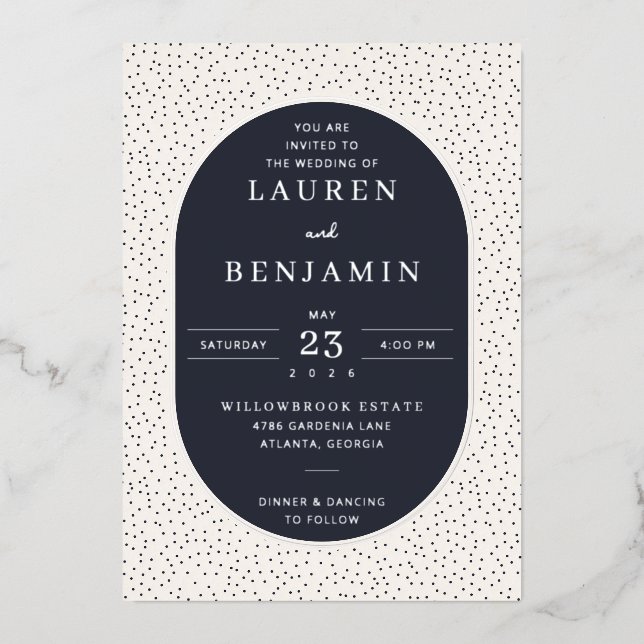 Elegant Navy Polka Dot Wedding Invitation Foil Invitation (Front)