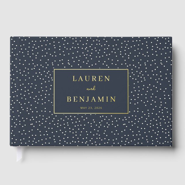 Elegant Navy Polka Dots Foil Guest Book (Front)
