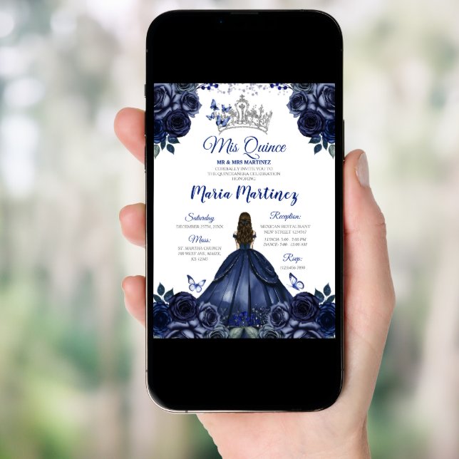 Elegant Navy Princess Floral Silver Mis Quince Invitation (Front Digital)