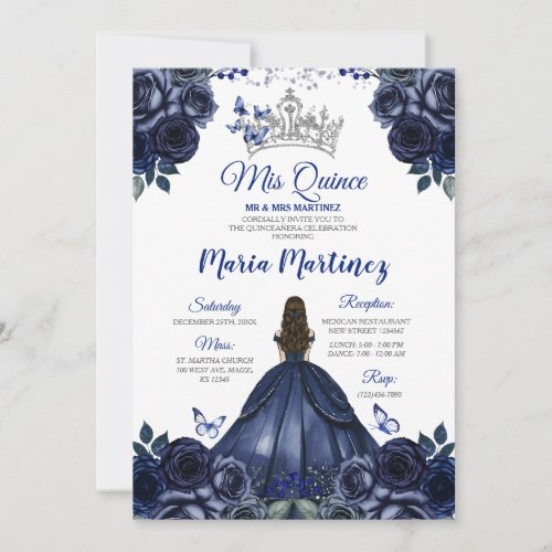 Elegant Navy Princess Floral Silver Mis Quince Invitation