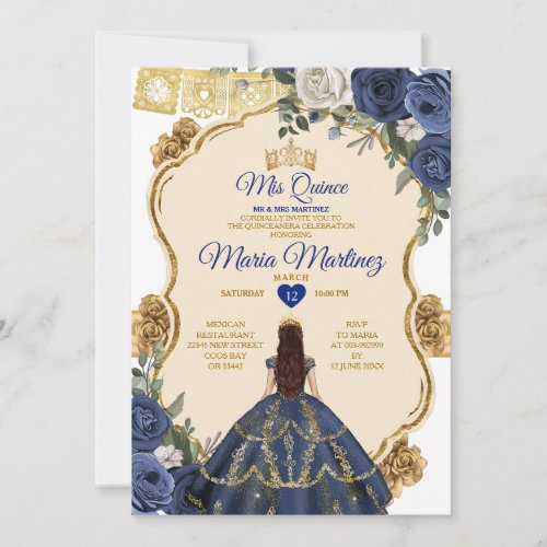 Elegant Navy Princess White Floral Quiceanera Invitation