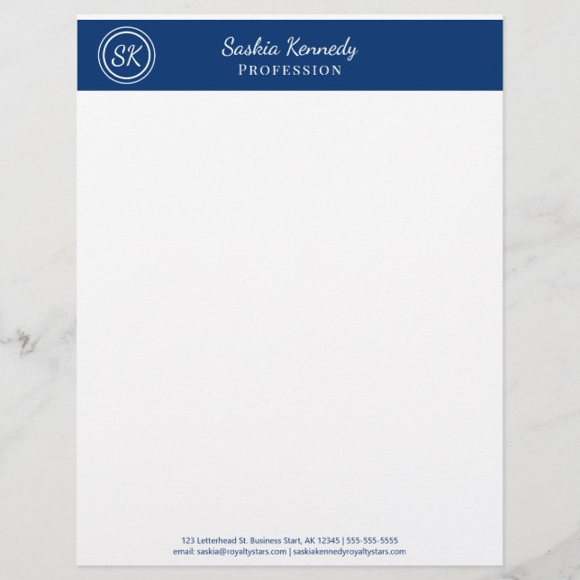 Elegant Navy Professional Monogram Business Letterhead (Front)