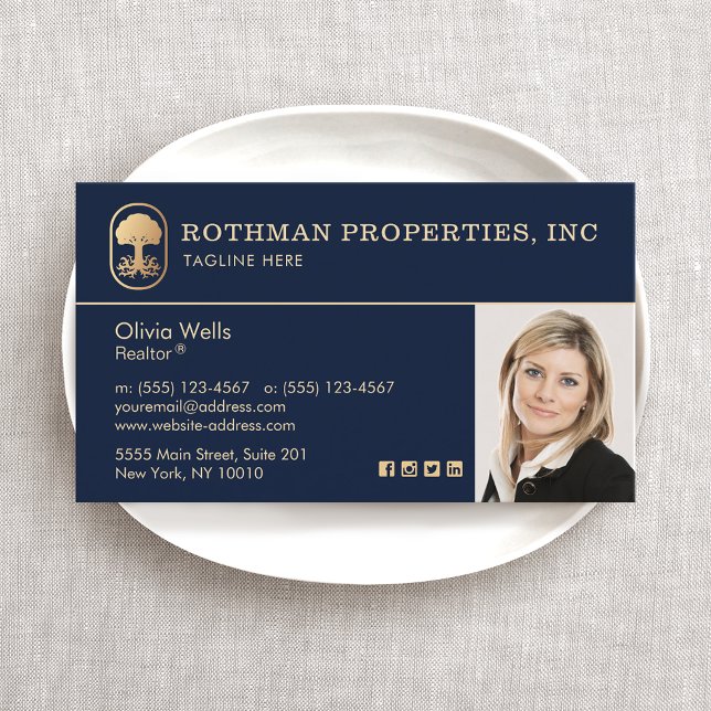 Elegant Navy Real Estate Agent Photo Business Card (Creator Uploaded)
