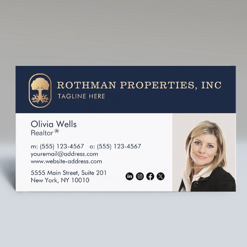 Elegant Navy Real Estate Agent Photo Business Card