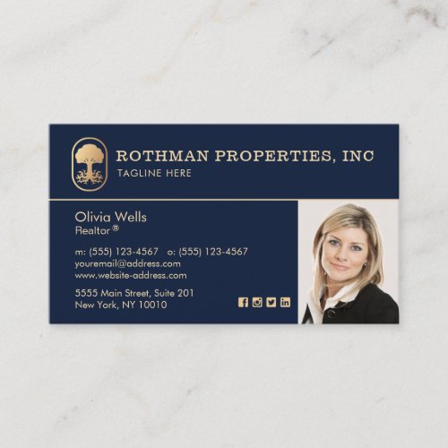 Elegant Navy Real Estate Agent Photo Business Card