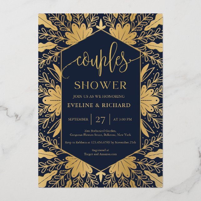 Elegant navy real gold foil script couples shower foil invitation (Front)