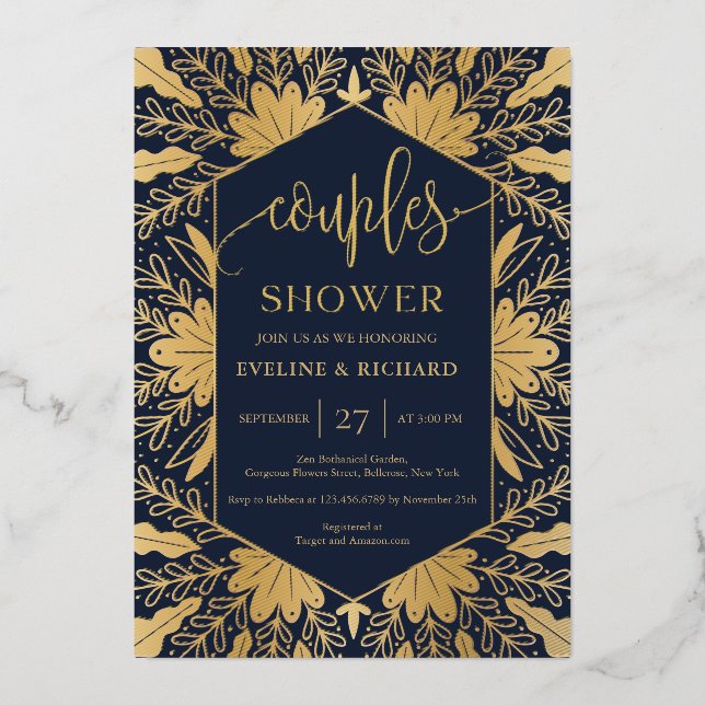 Elegant navy real gold foil script couples shower invitation (Front)
