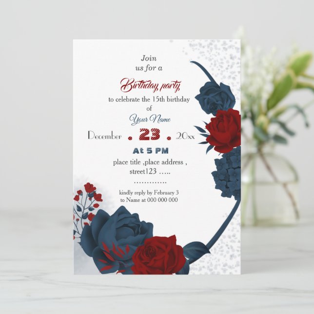elegant navy & red floral botanical birthday invitation (Standing Front)