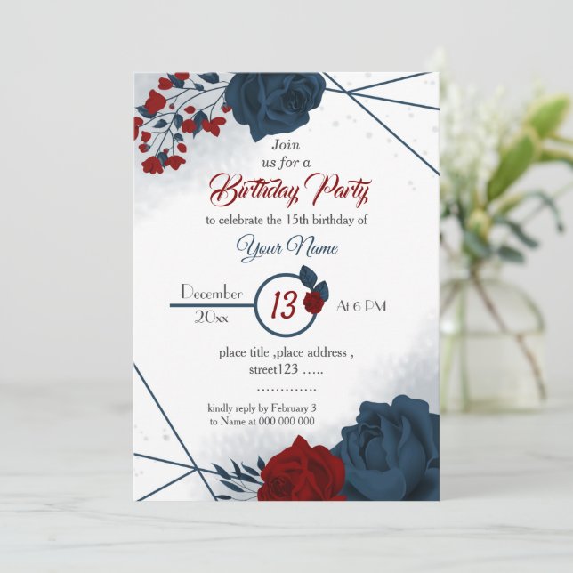 elegant navy & red floral botanical birthday invitation (Standing Front)