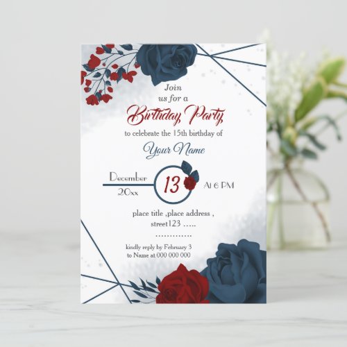 elegant navy  red floral botanical birthday invitation