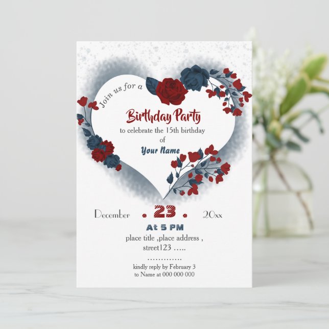 elegant navy & red floral heart birthday invitation (Standing Front)