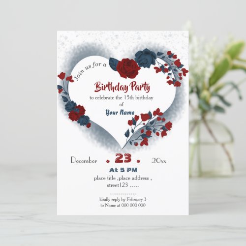 elegant navy  red floral heart birthday invitation