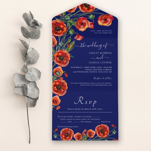 Elegant Navy Red Floral Wedding All In One Invitation