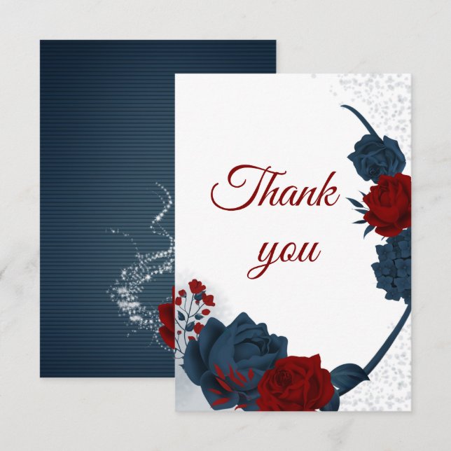elegant navy & red flowers botanical thank you card (Front/Back)