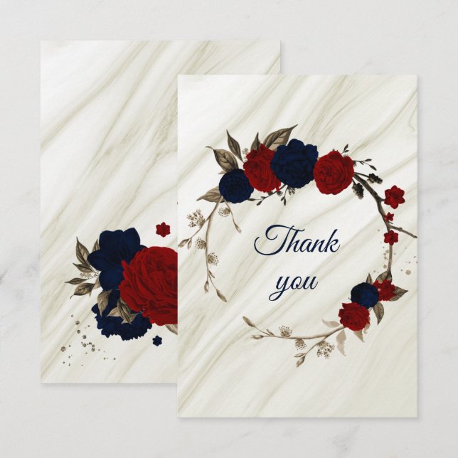 elegant navy & red flowers botanical  thank you card (Front/Back)