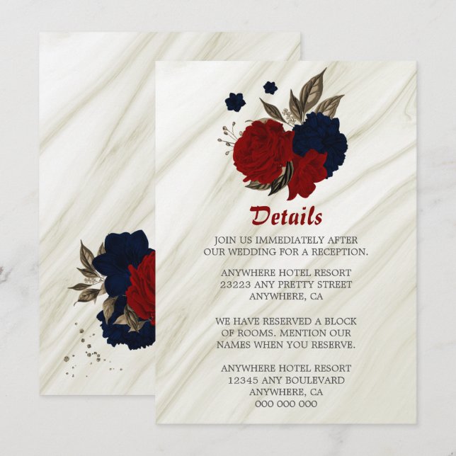 Elegant navy & red flowers details enclosure card (Front/Back)