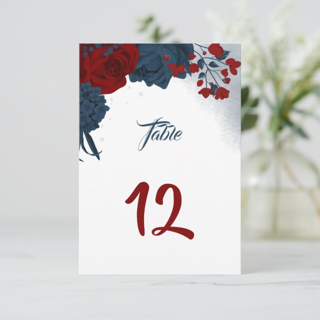 Elegant navy & red flowers table number (Standing Front)