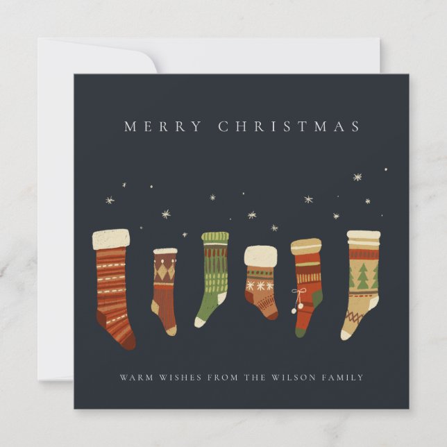 ELEGANT NAVY RED GREEN STAR CHIRSTMAS STOCKINGS HOLIDAY CARD (Front)