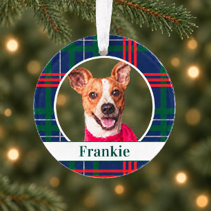 Elegant Navy Red Green Tartan Christmas Dog Photo Ornament