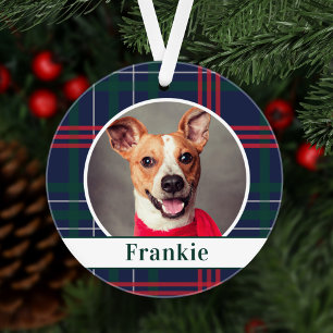 Elegant Navy Red Green Tartan Christmas Dog Photo Ornament