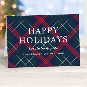 Elegant Navy Red Green Tartan Corporate Holidays Holiday Card