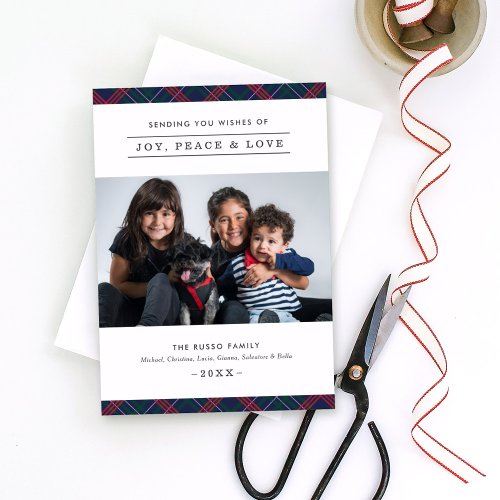 Elegant Navy Red Green Tartan Plaid Family Photo Holiday Card