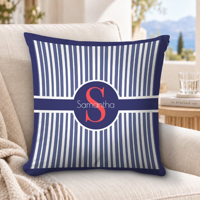 Elegant Navy Red Striped Initial Monogram Throw Pillow (Creator Uploaded)