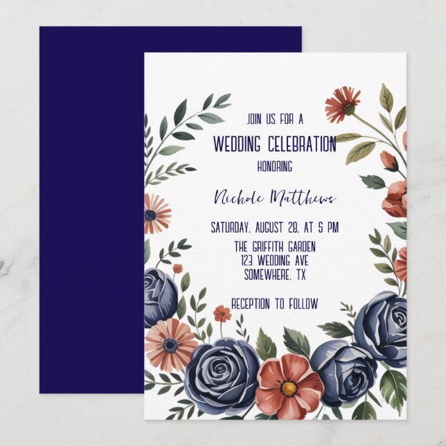 Elegant Navy Rose and Coral Wedding Invitation (Front/Back)