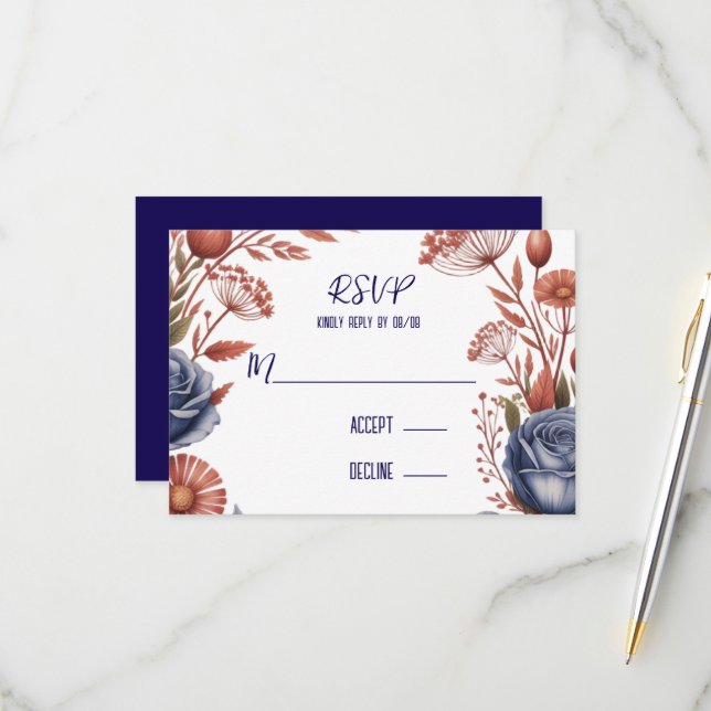 Elegant Navy Rose and Coral Wedding RSVP Card (Front/Back In Situ)