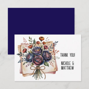 Elegant Navy Rose and Coral Wedding Thank You Card