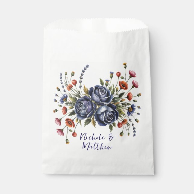 Elegant Navy Rose and Terracotta Florals Wedding Favor Bag (Front)