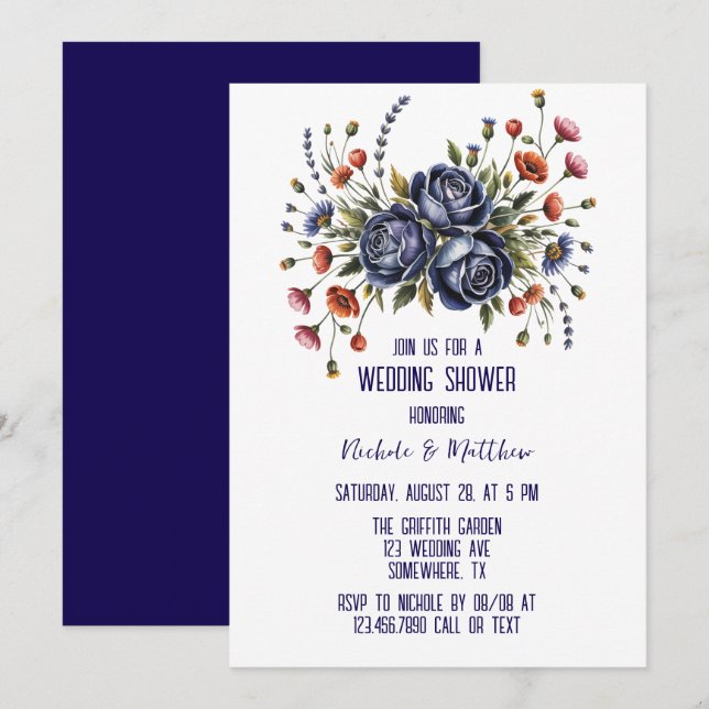 Elegant Navy Rose and Terracotta Florals Wedding Invitation (Front/Back)