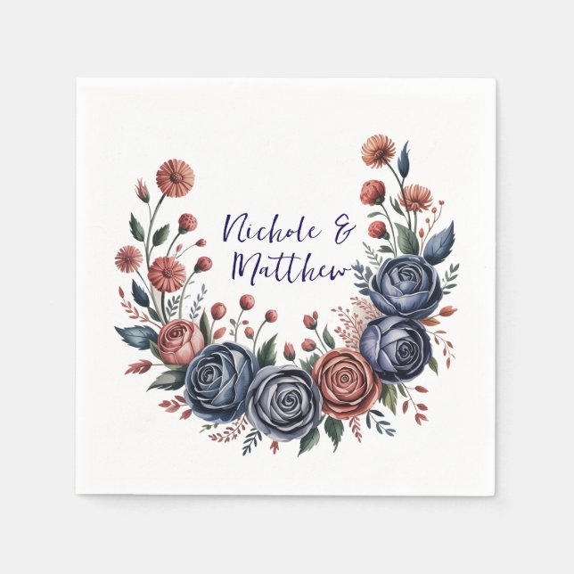 Elegant Navy Rose and Terracotta Florals Wedding Napkins (Front)