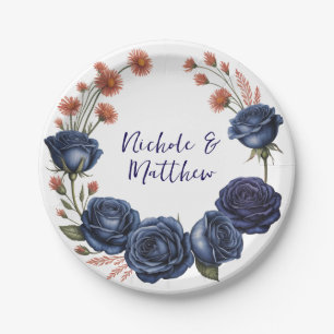 Elegant Navy Rose and Terracotta Florals Wedding Paper Plates