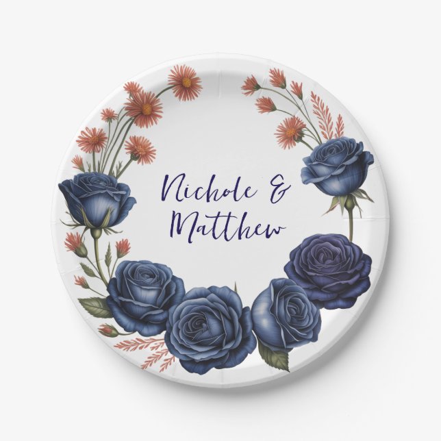 Elegant Navy Rose and Terracotta Florals Wedding Paper Plates (Front)